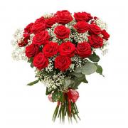Букет красных роз, 25 шт. с гипсофилой и зеленью